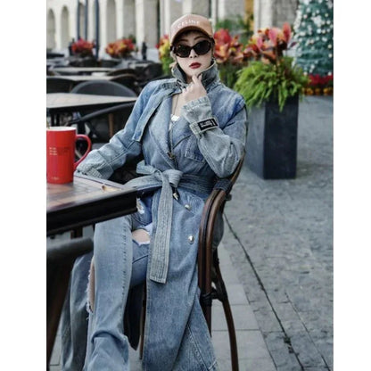 Personality Retro Long Denim Trench Coat - Gizmo Galaxy