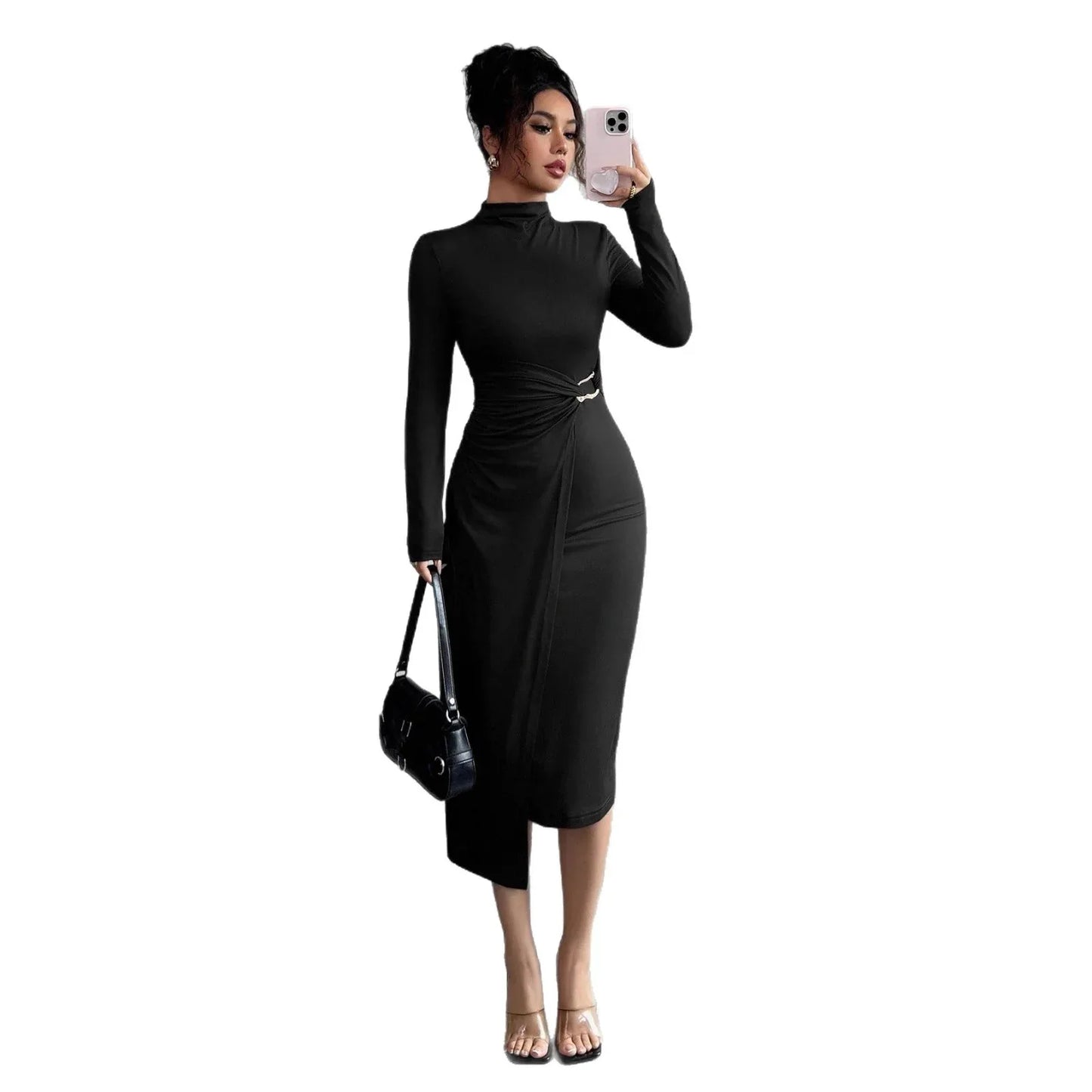 Small Stand-up Collar Knit Solid-color Dress With Metal Buttons - Gizmo Galaxy