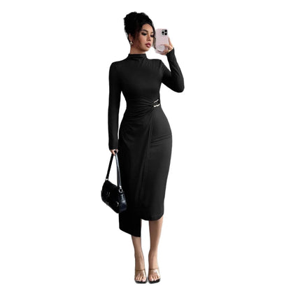 Small Stand-up Collar Knit Solid-color Dress With Metal Buttons - Gizmo Galaxy