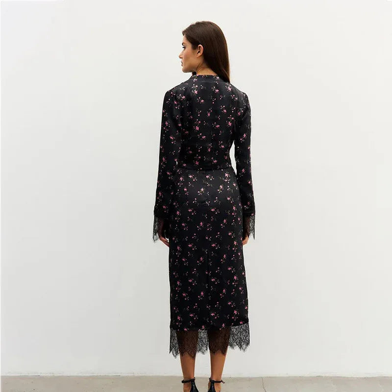 Women's Fashionable Printed Long-Sleeve Lace-Patchwork Skirt Set - Gizmo Galaxy