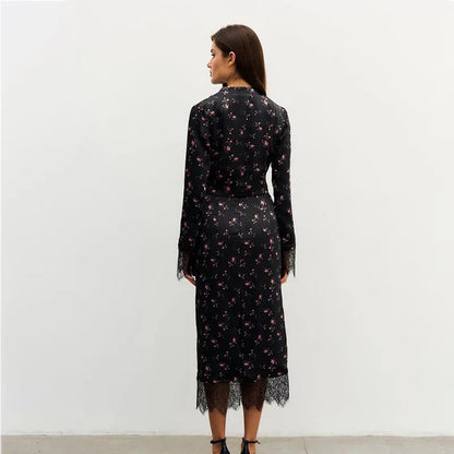 Women's Fashionable Printed Long-Sleeve Lace-Patchwork Skirt Set - Gizmo Galaxy