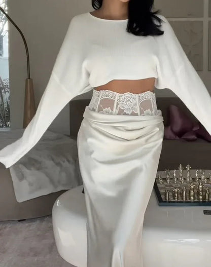 Women's New Fashion Sexy Lace Trim Satin Pencil Skirt - Gizmo Galaxy