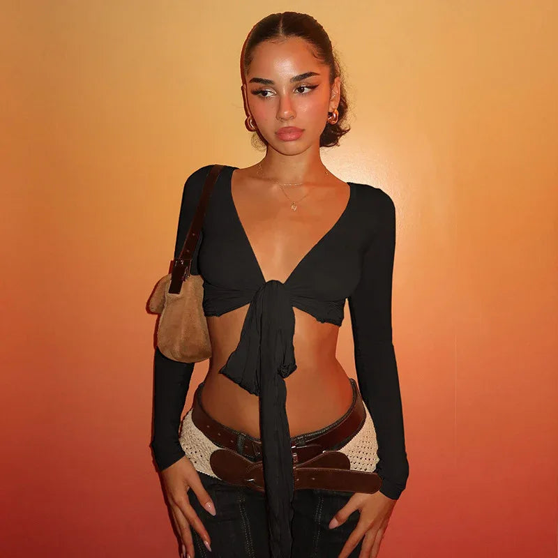 Pure Desire Strap Long-sleeved T-shirt Sexy Deep V-neck Short Blouse - Gizmo Galaxy