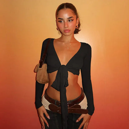 Pure Desire Strap Long-sleeved T-shirt Sexy Deep V-neck Short Blouse - Gizmo Galaxy