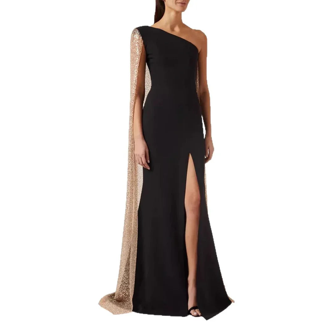 One-shoulder Cloak Slit Black Dress - Gizmo Galaxy