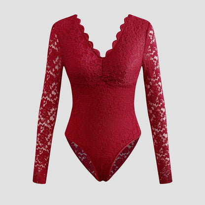 Sexy Solid-Color Lace Long-Sleeve Sheer Bodycon Jumpsuit - Gizmo Galaxy