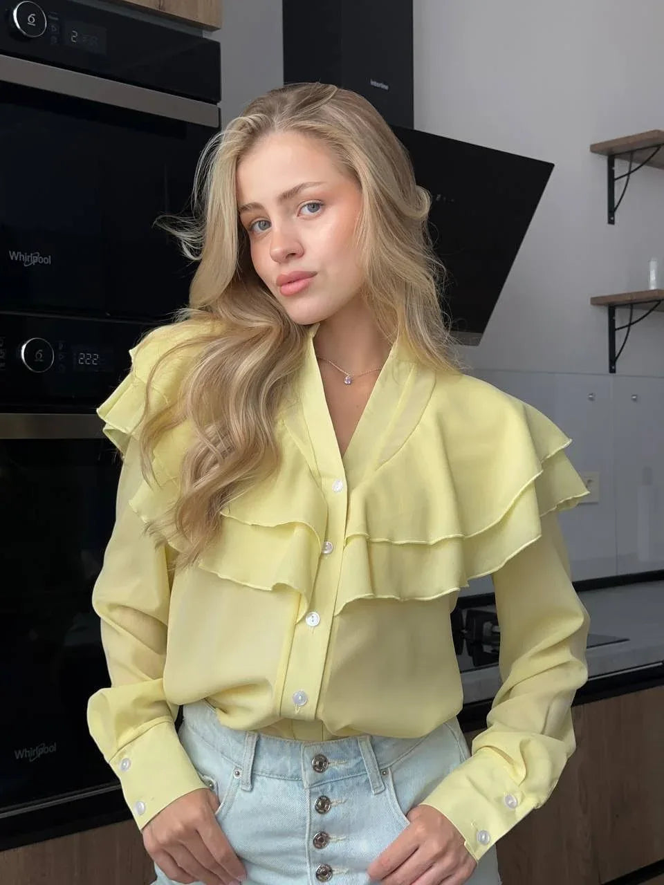 Casual Lotus Leaf V-neck Chiffon Women Temperament Shirt - Gizmo Galaxy