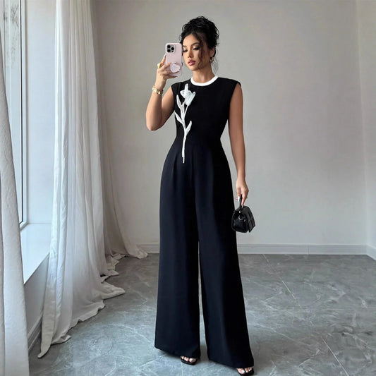 Elegant Embroidered Black Crew-Neck Sleeveless Wide-Leg Jumpsuit - Gizmo Galaxy