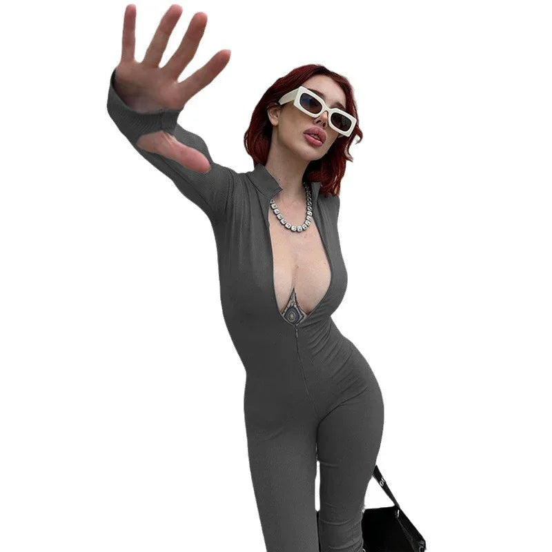 Women's Fashion Personality Chest Zipper Slim-fit Long-sleeved Stretch Bottoming Jumpsuit - Gizmo Galaxy