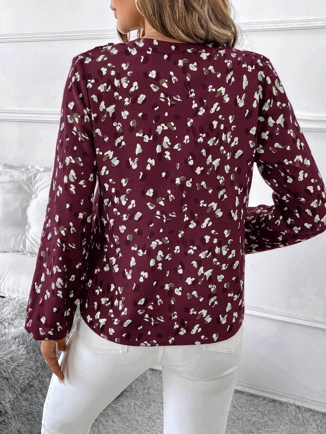 Women's V-Neck All-Over Print Elegant Long Sleeve Blouse,Long Sleeve Tops - Gizmo Galaxy