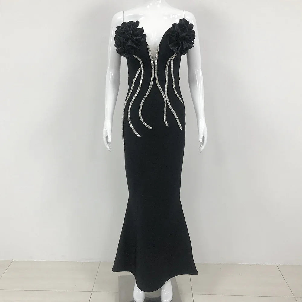 European And American Fashion New Style Temperament Socialite Flower Chain Strapless Long Type Evening Dress - Gizmo Galaxy