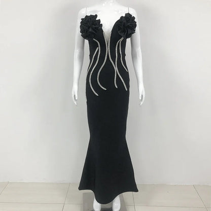 European And American Fashion New Style Temperament Socialite Flower Chain Strapless Long Type Evening Dress - Gizmo Galaxy