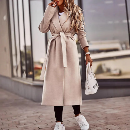 Autumn And Winter Simplicity Long Sleeve V-neck Lace Up Woolen Coat Top Women - Gizmo Galaxy