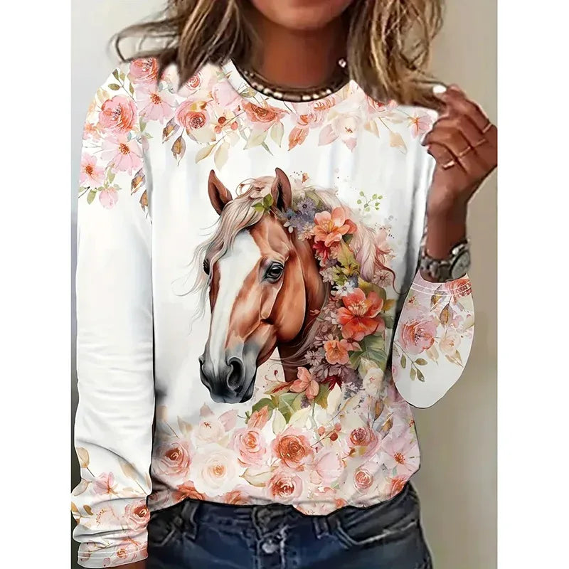 Womens Horse Printed Crewneck Long Sleeve Shirts Casual Dressy Animal Lover Gift Blouses Tee - Gizmo Galaxy