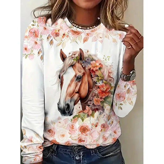 Womens Horse Printed Crewneck Long Sleeve Shirts Casual Dressy Animal Lover Gift Blouses Tee - Gizmo Galaxy