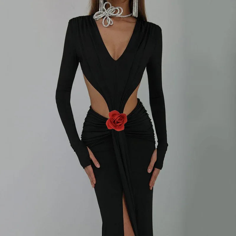 Sexy V-neck Backless Long Sleeves Skirt Waist Decorative Flower Split Fishtail Gown Dress Long - Gizmo Galaxy