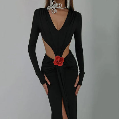 Sexy V-neck Backless Long Sleeves Skirt Waist Decorative Flower Split Fishtail Gown Dress Long - Gizmo Galaxy
