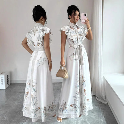 Women's Retro Printed Long-Sleeve Waist-Cinching Single-Breasted Stand-Neckline Dress - Gizmo Galaxy