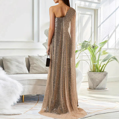 One-shoulder Cloak Slit Black Dress - Gizmo Galaxy