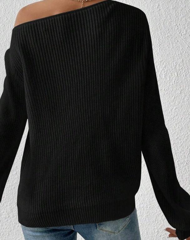 Solid Ribbed Knit Asymmetrical Shoulder Sweater,Long Sleeve Tops - Gizmo Galaxy