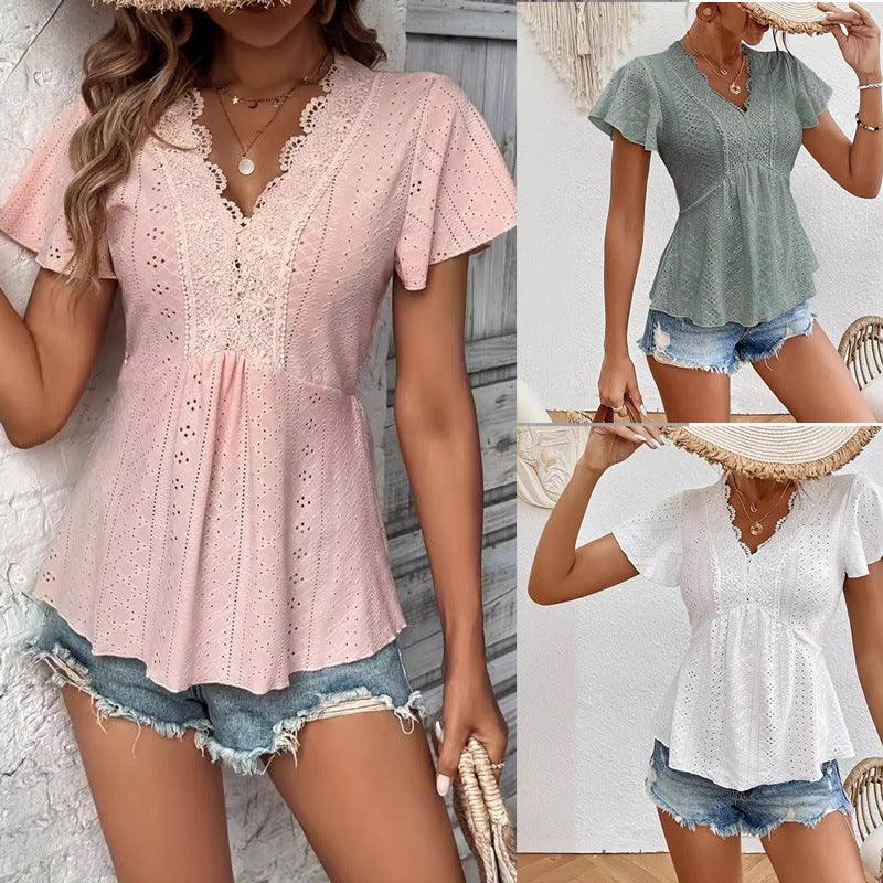 Summer New Flounced Sleeve Lace V-neck Stitching Hollow Jacquard Short-sleeved Top - Gizmo Galaxy