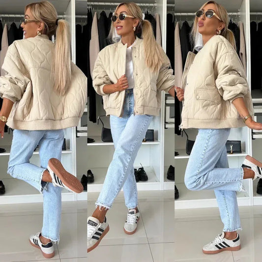 Women's Solid Color Long Sleeved Cotton Padded Jacket - Gizmo Galaxy