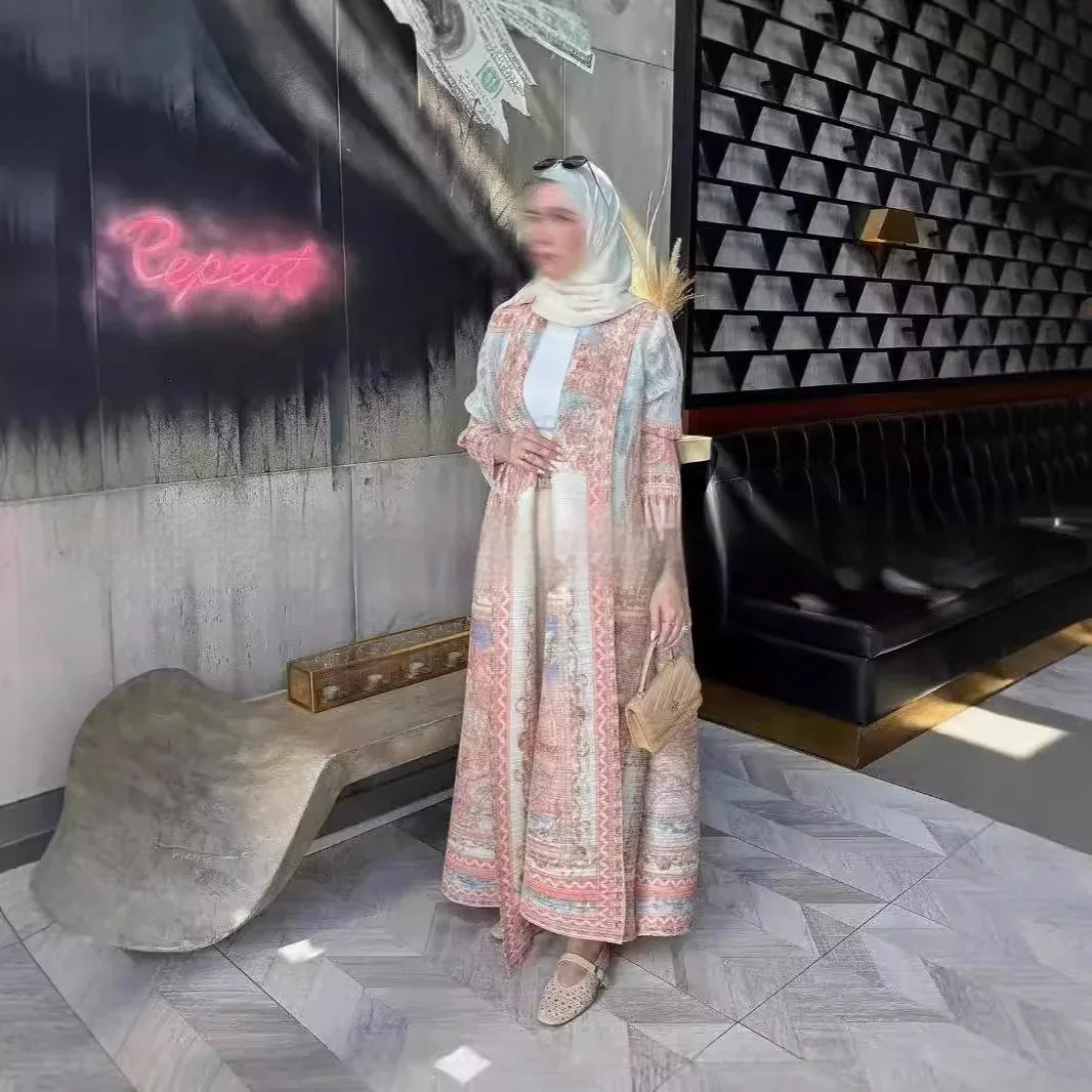 Pleated Trench Djellaba Hot-selling Printed Shawl Cardigan Ethnic Style Cloak Coat - Gizmo Galaxy