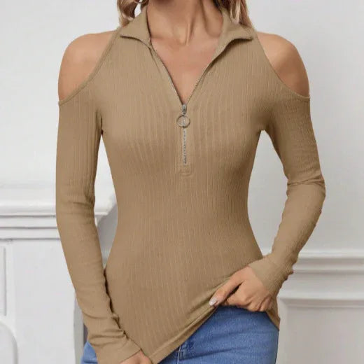 Women's Solid Color Long Sleeved Off Shoulder Zipper Design Slim Fit Home Clothing Top - Gizmo Galaxy