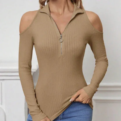 Women's Solid Color Long Sleeved Off Shoulder Zipper Design Slim Fit Home Clothing Top - Gizmo Galaxy