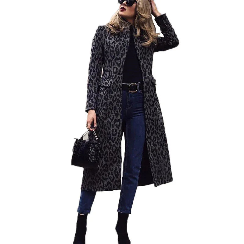 Coat Mid-length Black With A Turn-down Collar Leopard Print Top - Gizmo Galaxy
