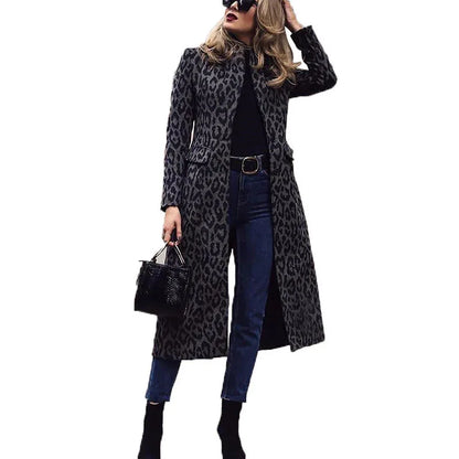Coat Mid-length Black With A Turn-down Collar Leopard Print Top - Gizmo Galaxy