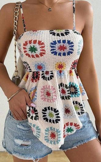 Women's Vacation Hibiscus Printed Ruffle Hem Casual Camisole Top Graphic Tees - Gizmo Galaxy