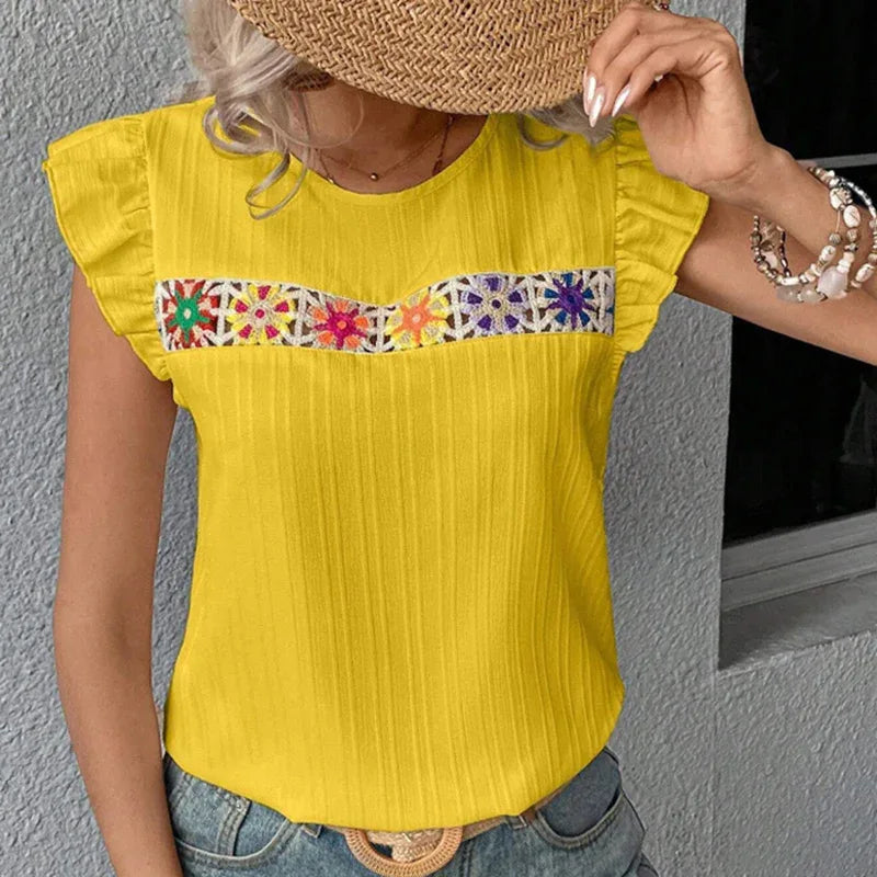 Women's Ruffle Short Sleeve Summer Tops Cute Crew Neck Floral Crochet Blouses Shirts - Gizmo Galaxy