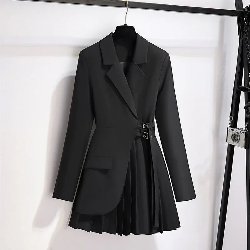 Lapel Design Pleated Skirt Black Suit Jacket For Women - Gizmo Galaxy