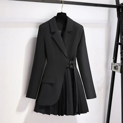 Lapel Design Pleated Skirt Black Suit Jacket For Women - Gizmo Galaxy