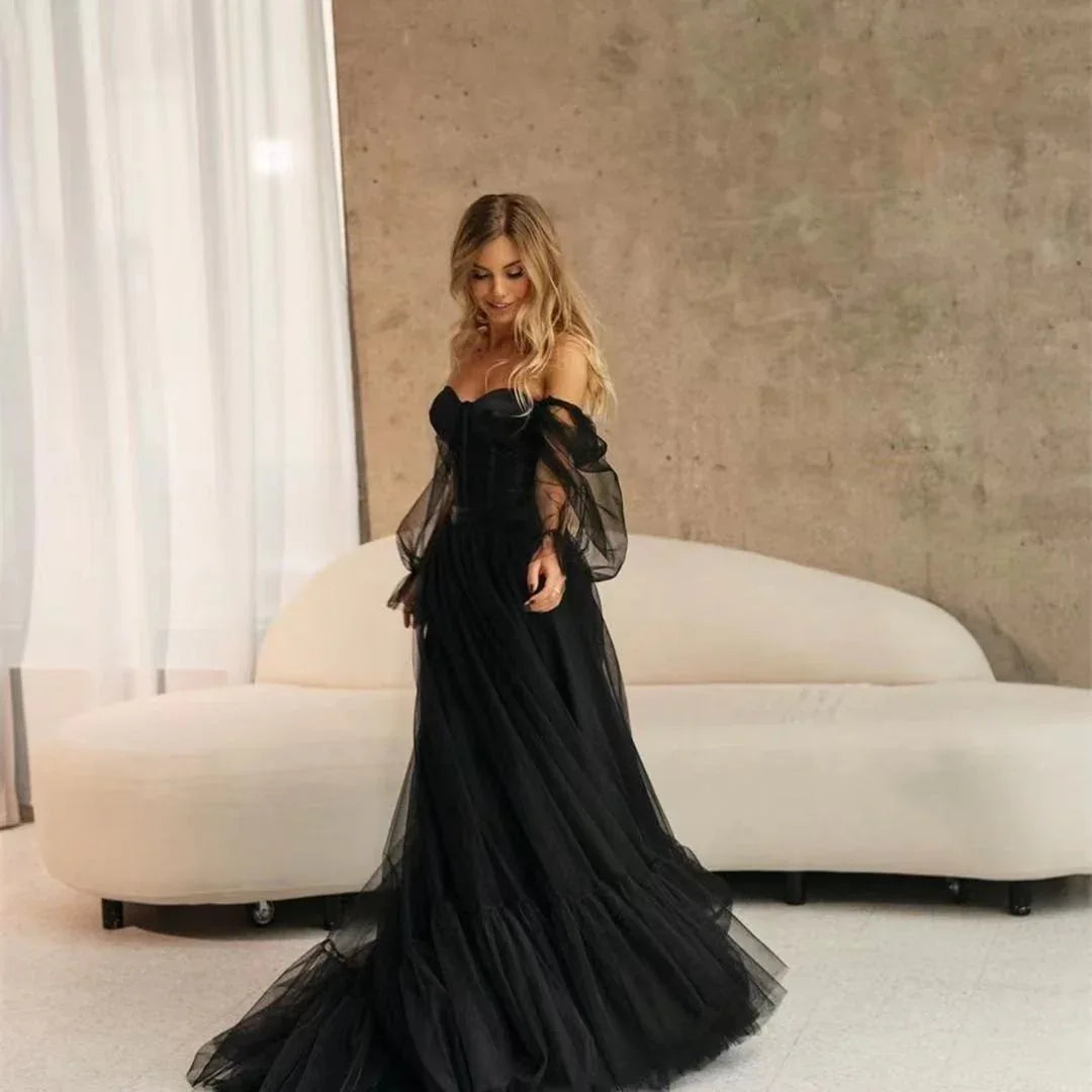 Women's Long Sleeve Transparent Lace Black Wedding Dress - Gizmo Galaxy