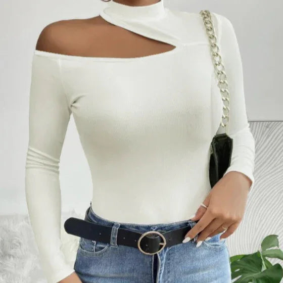 Ladies' Solid Color Elegant High Neck Sloping Shoulder Off The Shoulder Sexy T-shirt Top - Gizmo Galaxy