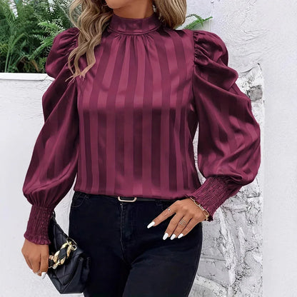 Solid Color Stand-up Collar Long Sleeve Shirt Women - Gizmo Galaxy