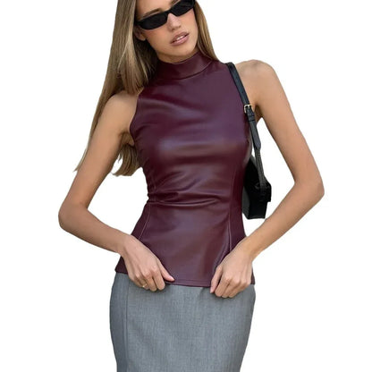 PU Leather Slim-fit Slimming Half Turtleneck Sleeveless Vest - Gizmo Galaxy