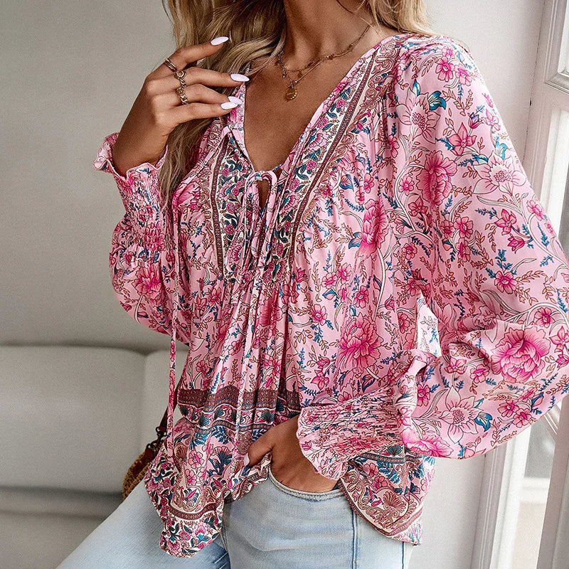 Wpmens Boho Chic Long Sleeve Blouse Floral Print V-Neck Top With Lace-Up & Drawstring Detail Elegant Vacation Shirt - Gizmo Galaxy