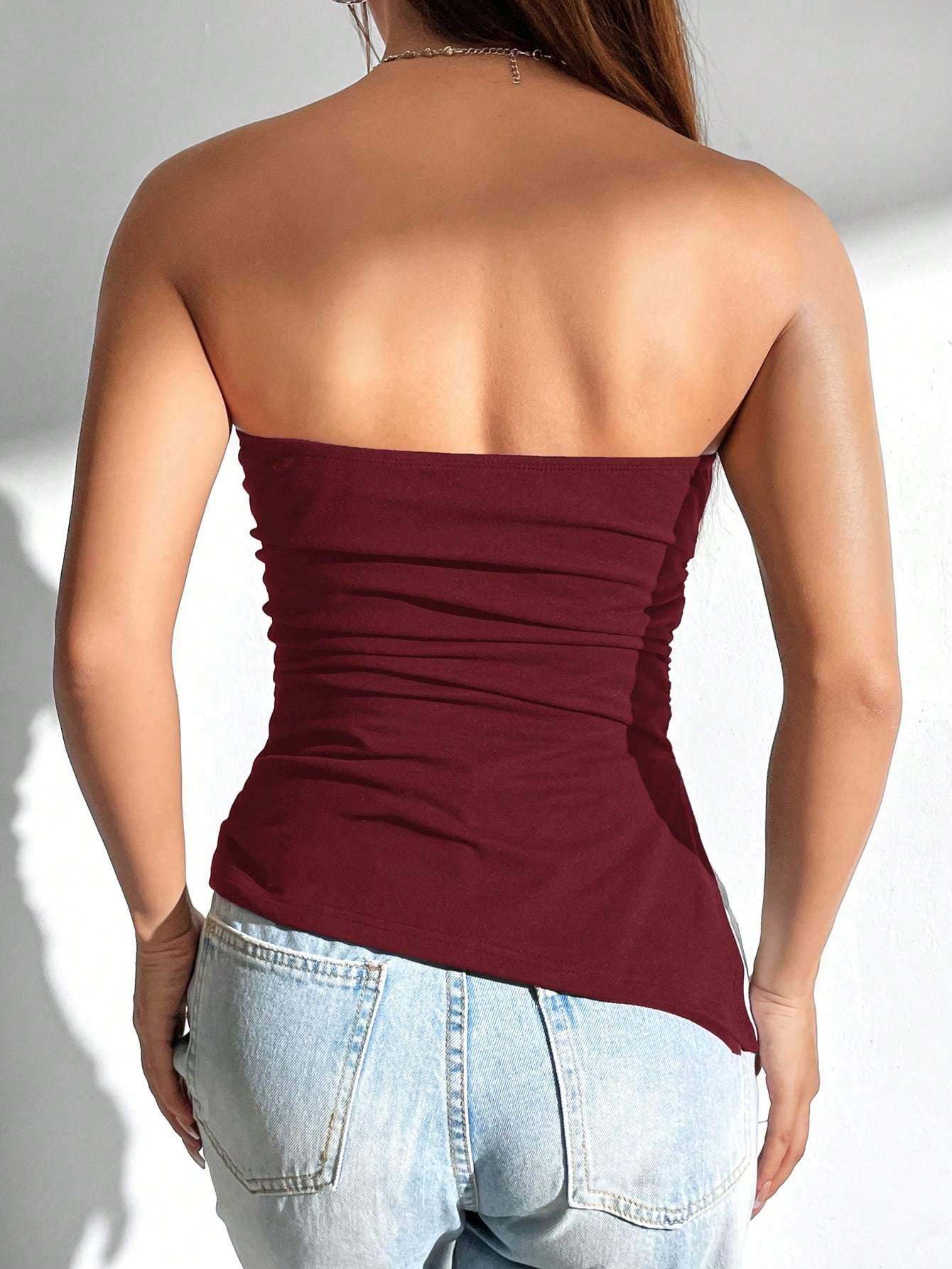 Women Solid Color Ruched Side Slit Hem Bandeau Cami Top - Gizmo Galaxy