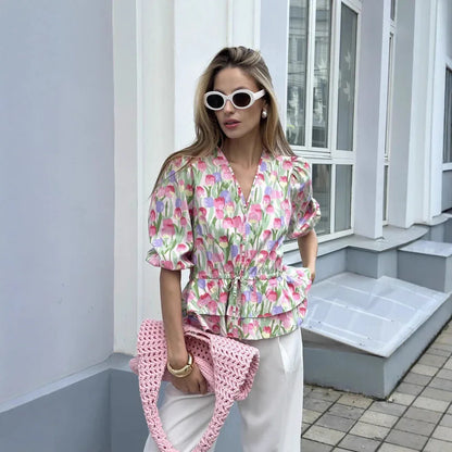 Drawstring Laced Puffed Sleeve V Neck Women's Blouse - Gizmo Galaxy