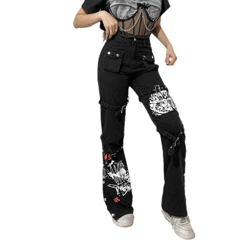 Street Cool Style Printed Metal Buckle Women's Denim Pants - Gizmo Galaxy