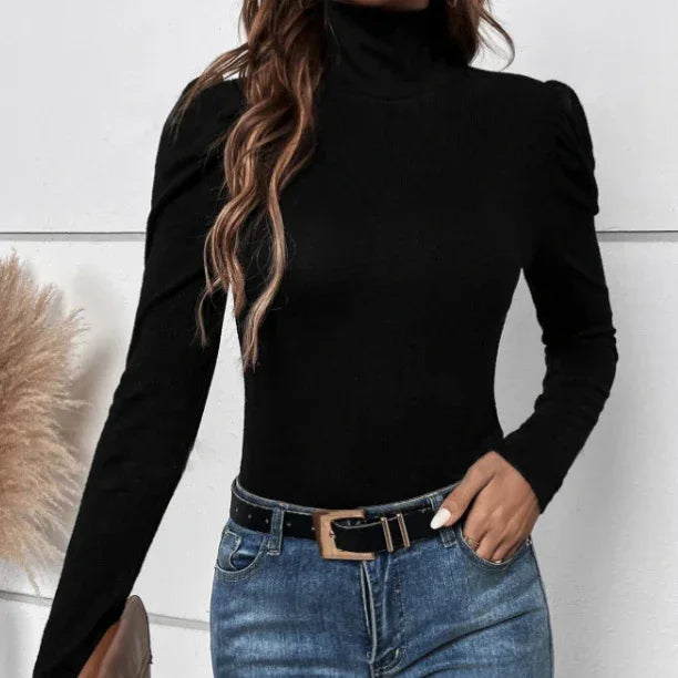 Women's Solid Color High Neck Back Button Decoration Slim Fit Long Sleeved T-shirt - Gizmo Galaxy