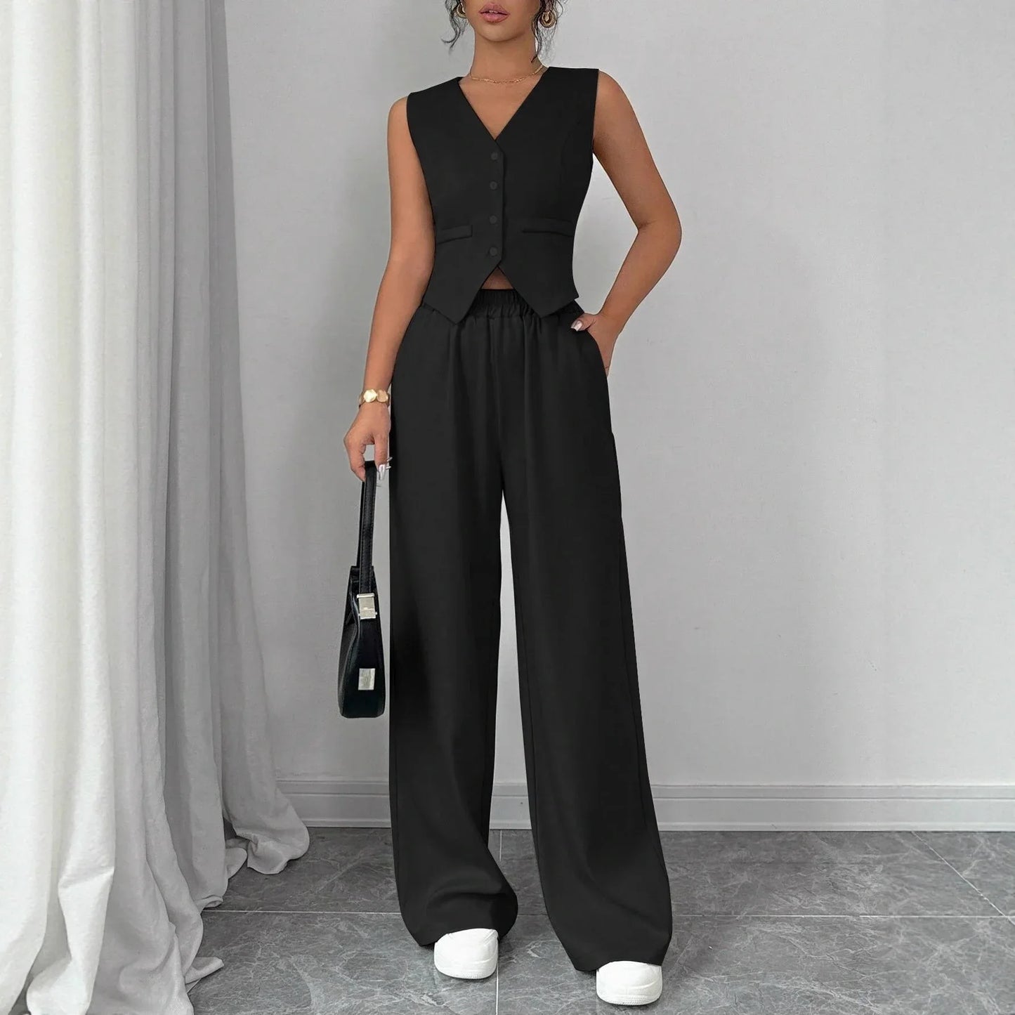 Elegant Button-front Sleeveless Vest And Trousers Set - Gizmo Galaxy