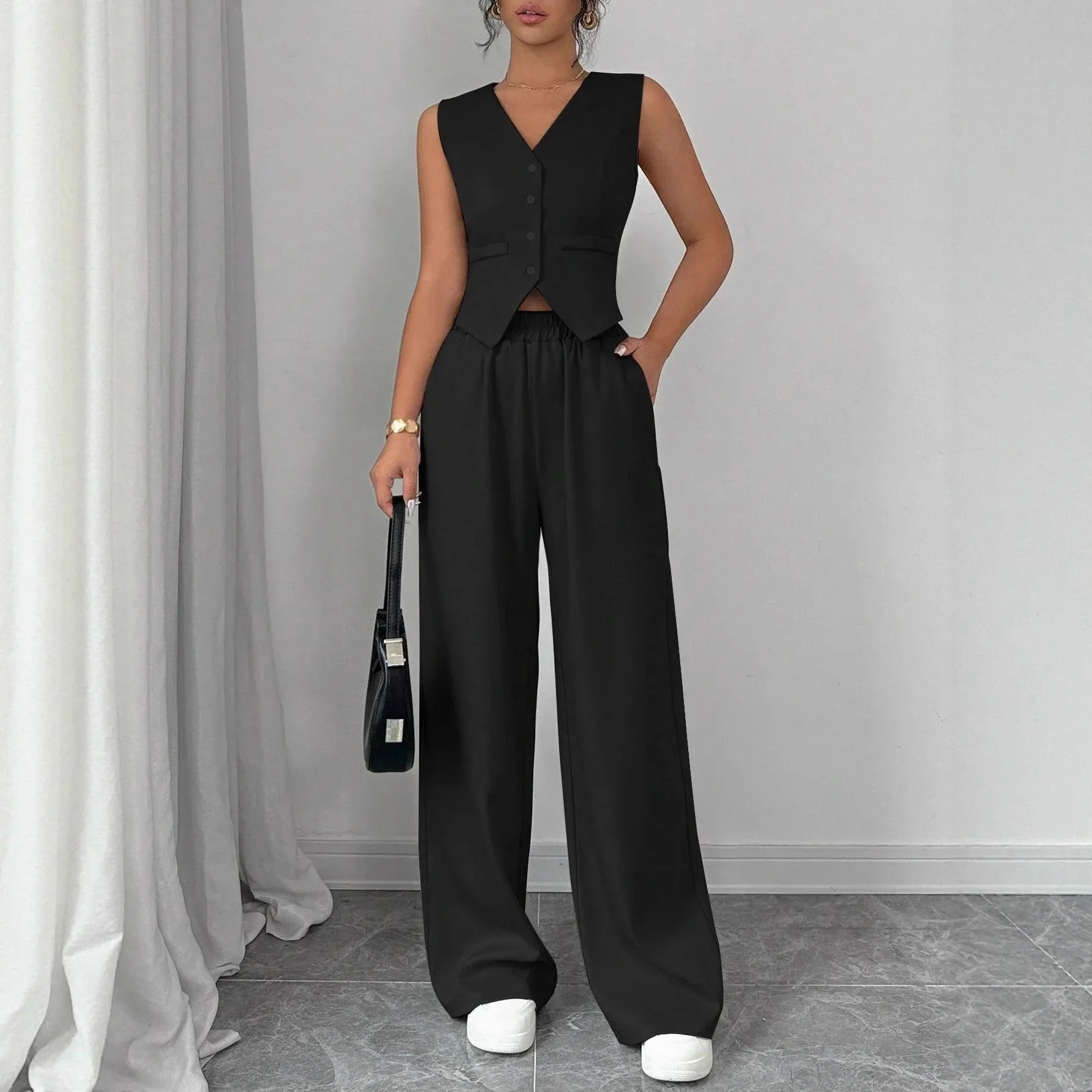 Elegant Button-front Sleeveless Vest And Trousers Set - Gizmo Galaxy