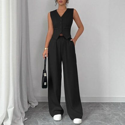 Elegant Button-front Sleeveless Vest And Trousers Set - Gizmo Galaxy