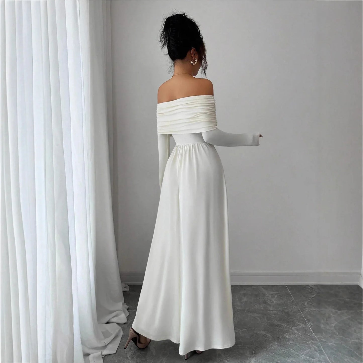 Women's Solid-Color French-Style Off-the-Shoulder Knitted Dress - Gizmo Galaxy