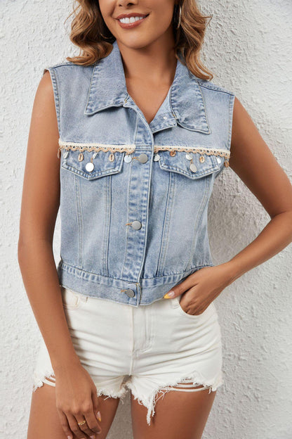 Fashion Casual Tassel Single Breasted Denim Short Vest - Gizmo Galaxy