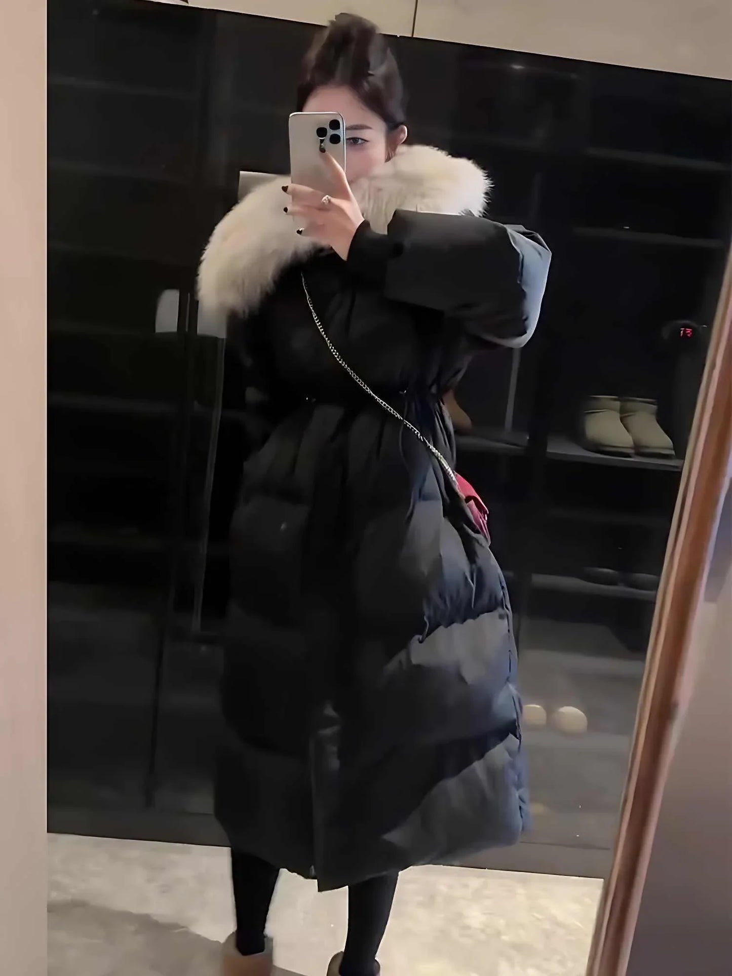 Fur Collar Overknee Long Jacket Women's Waist White Duck Down Coat - Gizmo Galaxy